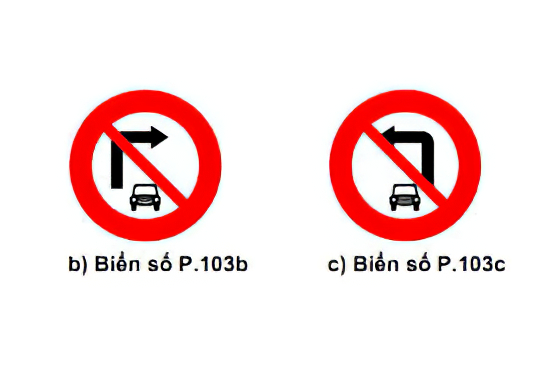 Biển P.103b và P.103c: Cấm ô tô rẽ phải – rẽ trái