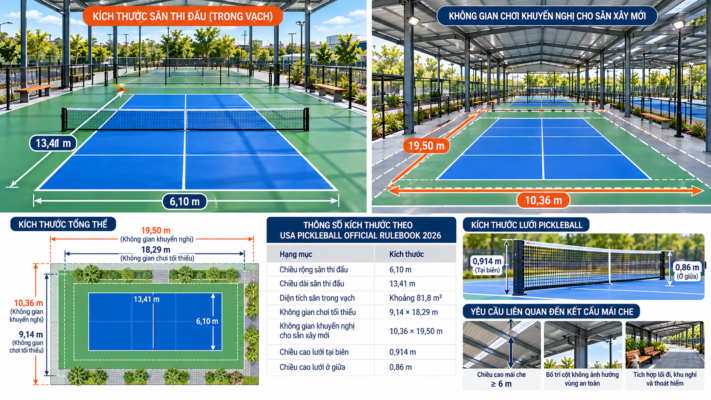 Kích Thước Sân Pickleball Và Những Yêu Cầu Liên Quan Đến Kết Cấu Mái Che