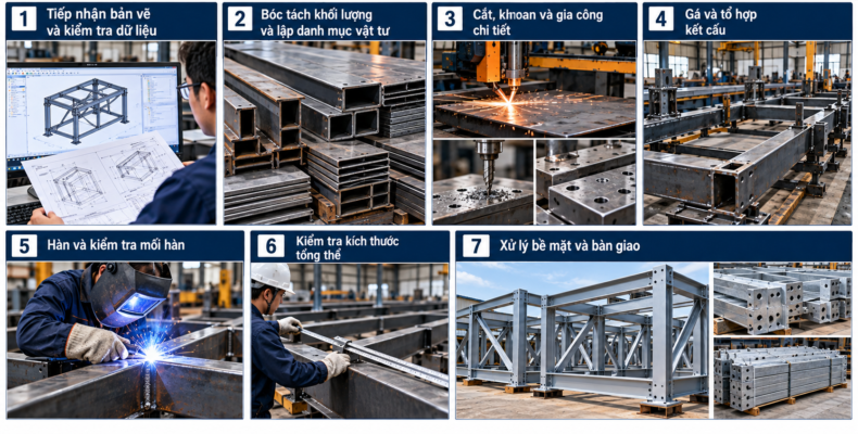 Sản xuất khung thép theo yêu cầu – Quy trình bóc tách vật tư & tổ hợp kết cấu